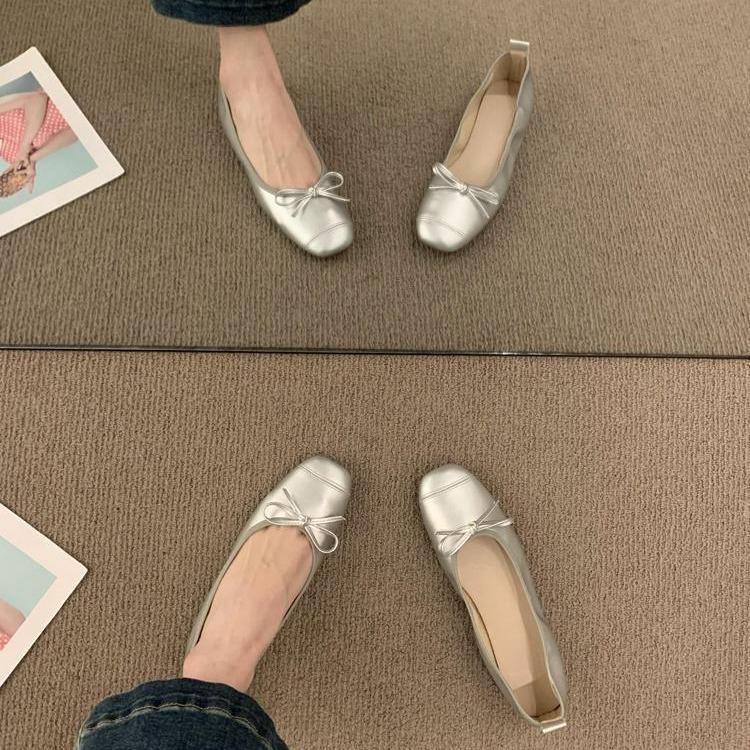 With Skirt Fairy Style Silver Soft Leather Soft-soled Grandma Shoes One Pedal Light Mouth Ballet Shoes Gentle Evening Single Shoes