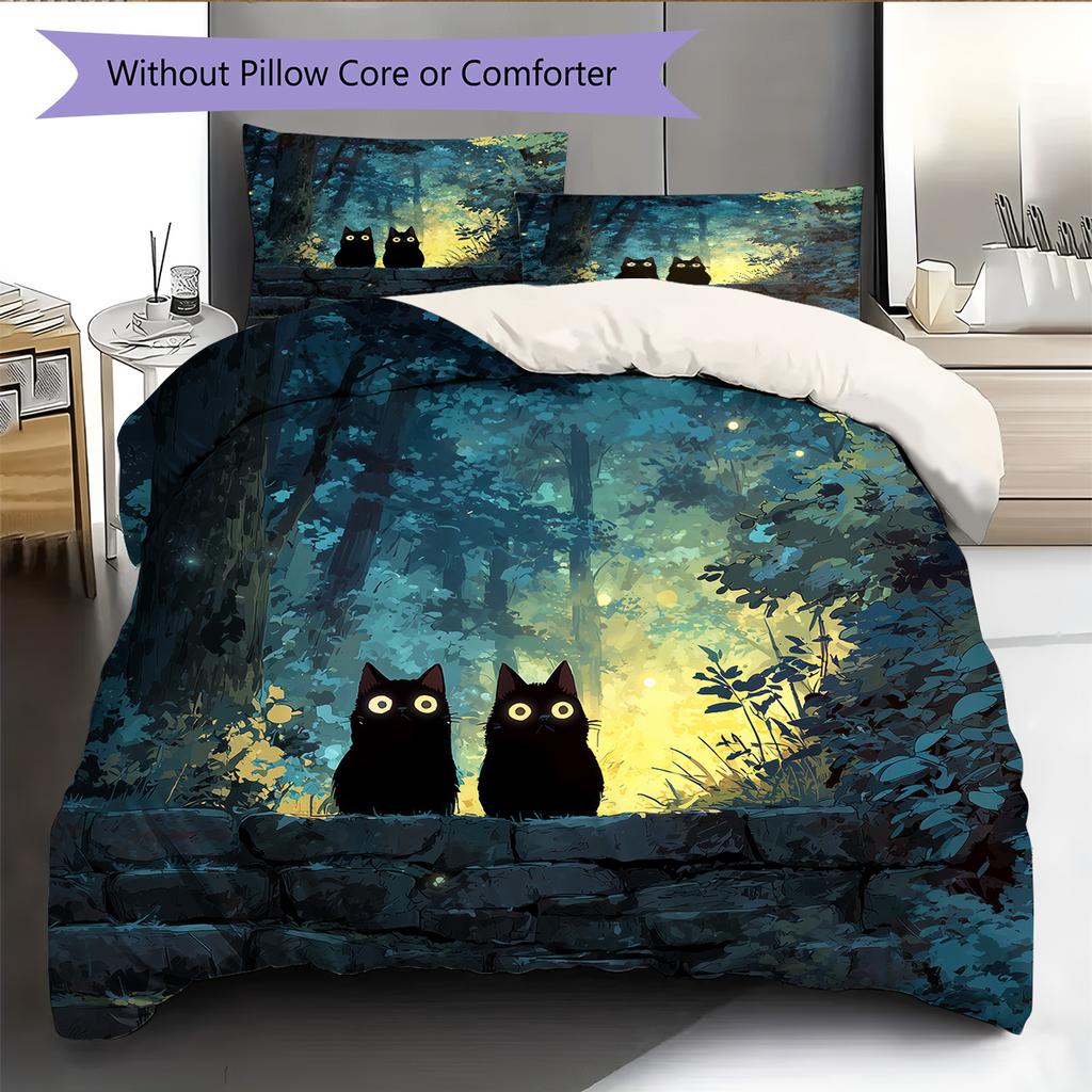 Black Cat at Night Pattern Bedding Quilt Set Home Decoration Gift (1 * duvet cover + 2 * pillowcase without core)