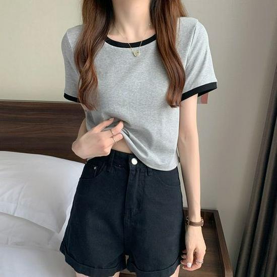 Women's 2024 Korean Slim Fit Color Block Crew Neck T-Shirt - Trendy Summer Short Sleeve Top
