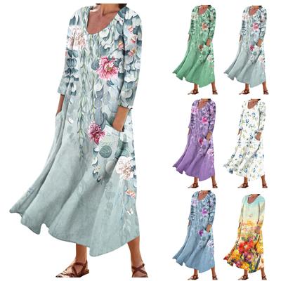 Женское модное повседневное свободное карманное платье с круглым вырезом и рукавами 3/4