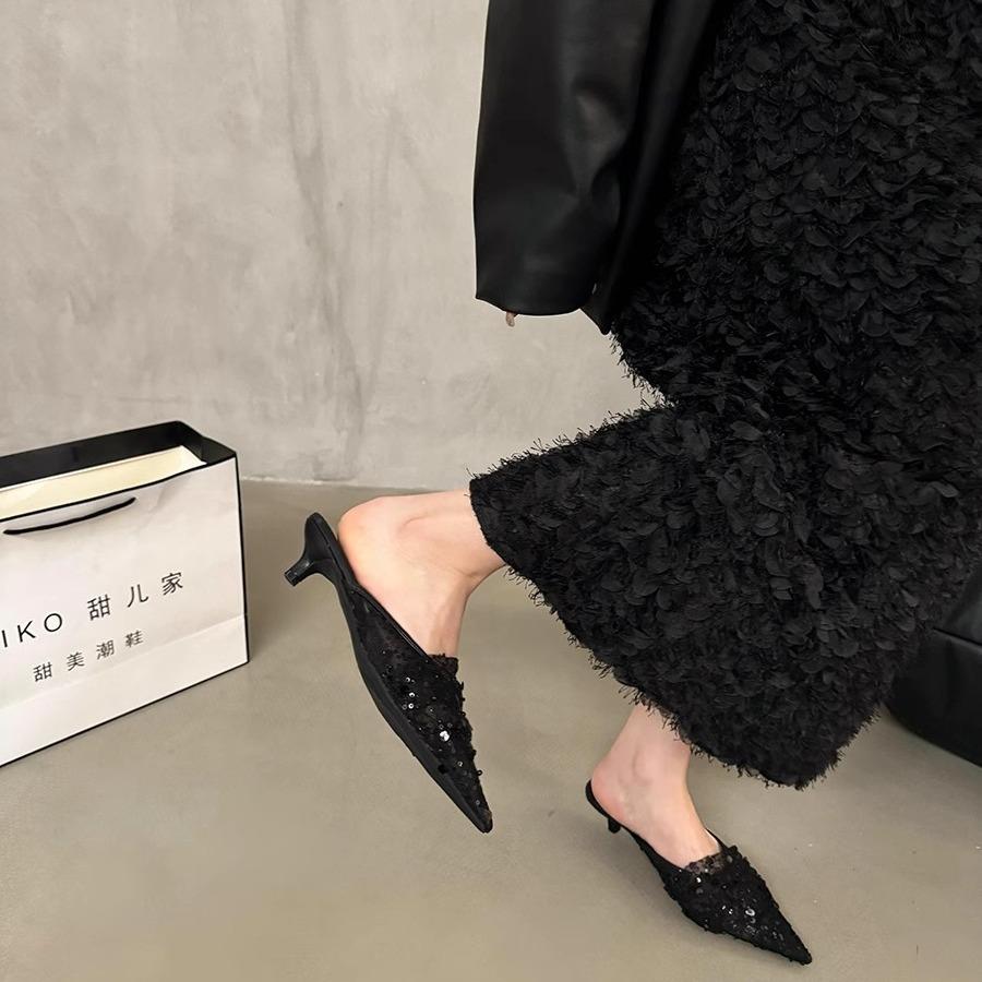French Dress High Heels Half Slippers Spring and Autumn Style High Heels Evening Gentle Everything with Sequined Shoes