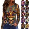 Women's Fashion Casual Slit Hem Round Neck Long Sleeve Loose Printed T-Shirt Top
