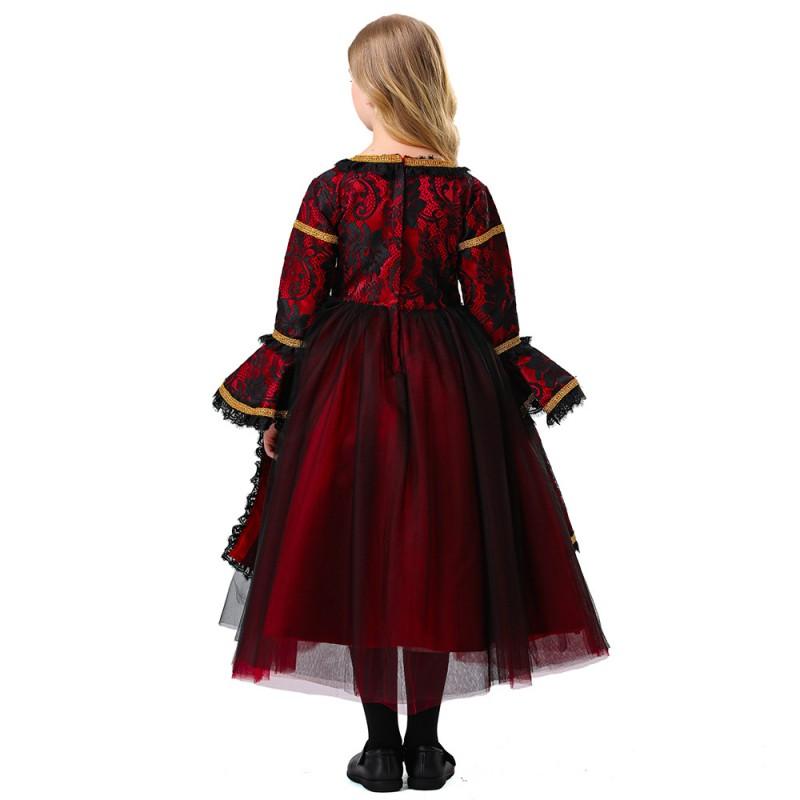 Girls Halloween Costume Dress Queen Demon Vampire Medieval Court Gown Fantasy Party Role Play Outfit
