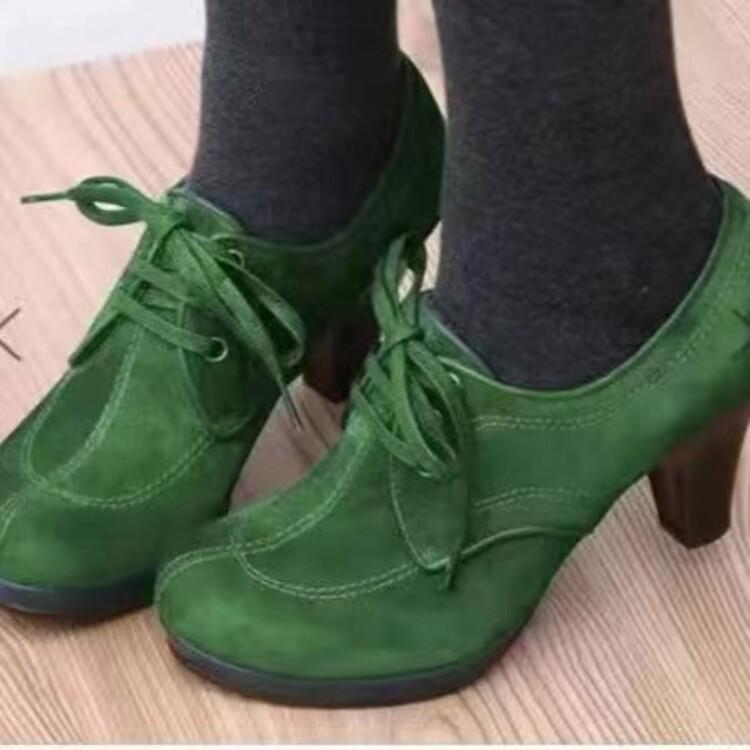 Mary Jane Single Shoes Suede Round Head Thick Sole Thick Heel High Heel Front Lace-up Casual Shallow Mouth Shoes High Heels