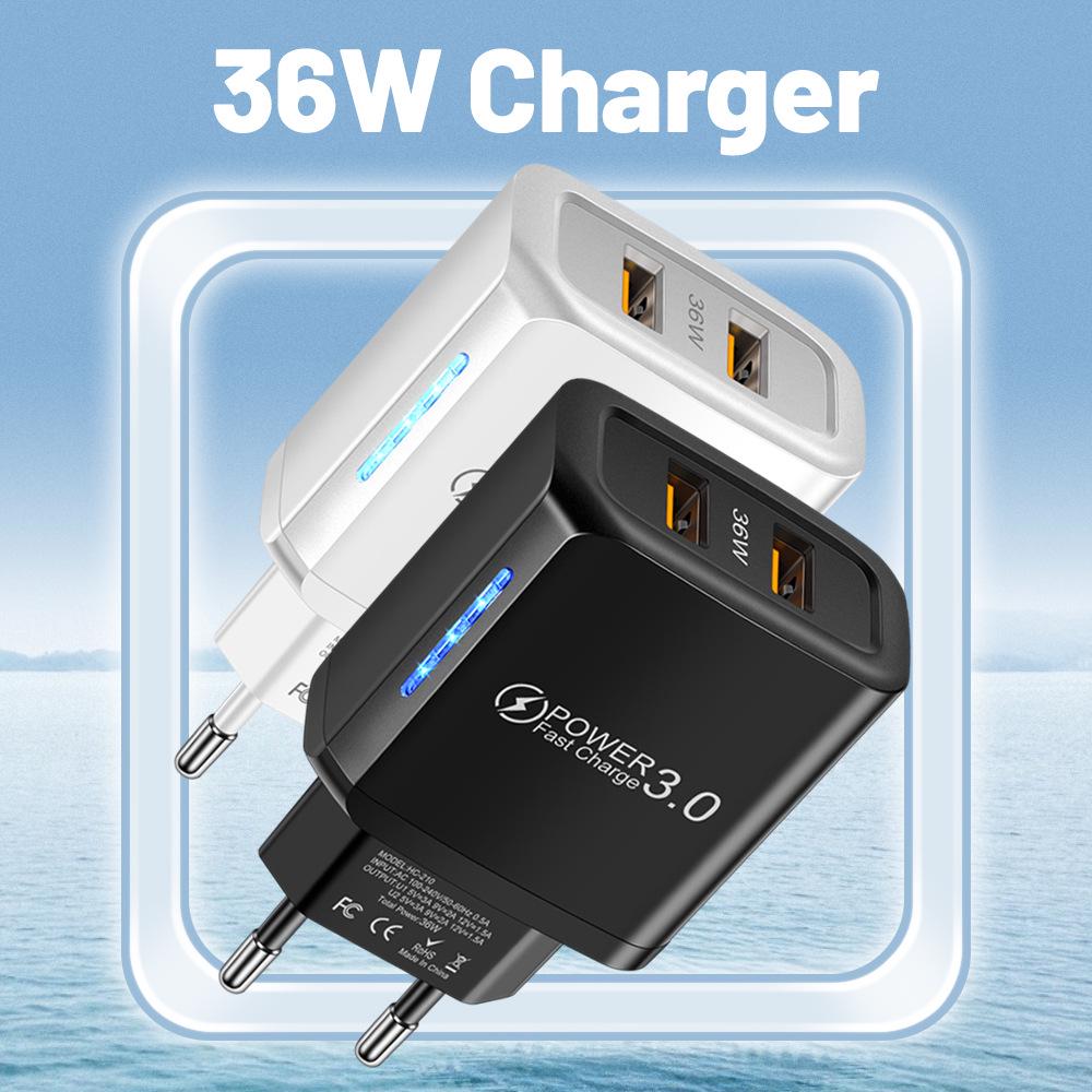 Быстрое зарядное устройство 36 Вт с двумя портами USB и светодиодной индикацией, двойной порт, дорожный адаптер