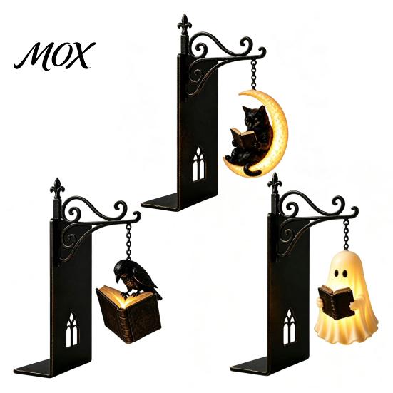 Halloween Theme Book Organizer Gothic Metal Bookends with Hanging Light, Cat Raven Ghost Decorative Black Home Decor Bookshelf Lamp, Vintage