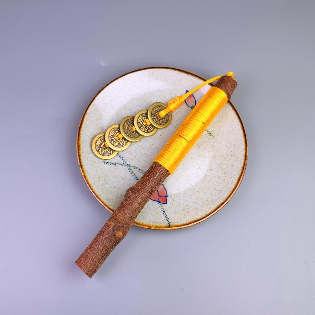 Handmade Peach Wood Pendant with Five Emperors Coins for Baby's Bedside