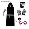 Red-Eyed Reaper Costume: Black Hooded Cloak with Skeleton Gloves, Mask, Robe, and Scythe