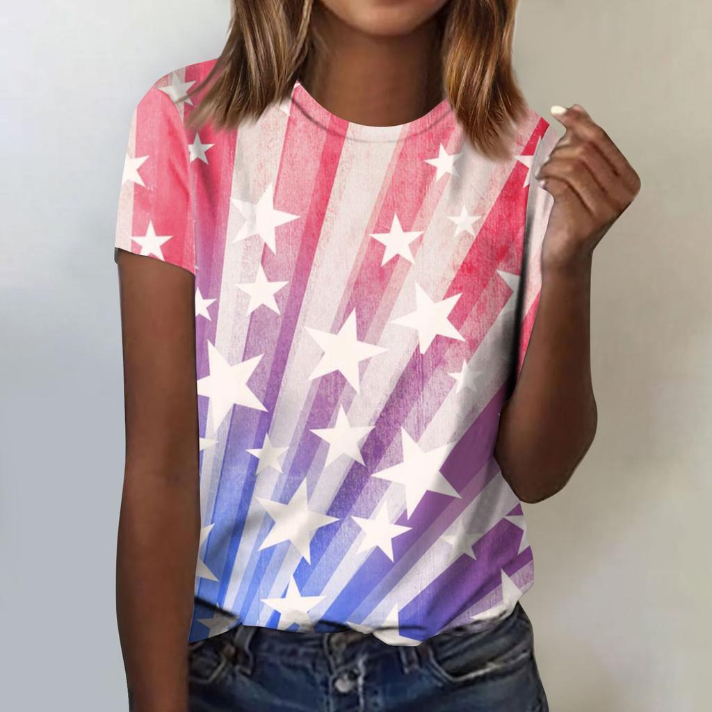 Women's Fashion Casual Independence Day Printed Round Neck Short Sleeve T-Shirt Top