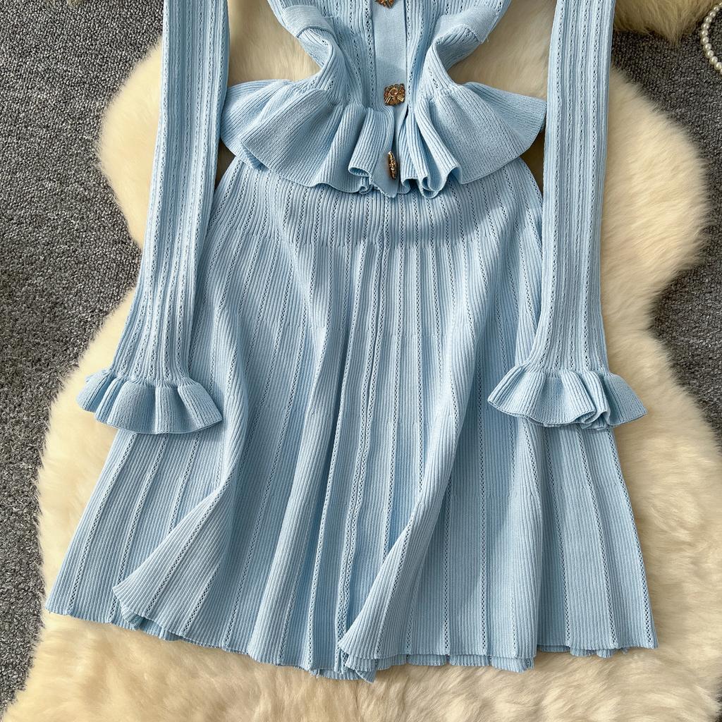 Элегантные вязанные винтажные шикарные платья с V-образным вырезом и длинными рукавами, облегающие платья для офисных леди во французском стиле, одежда для улицы, осень-зима