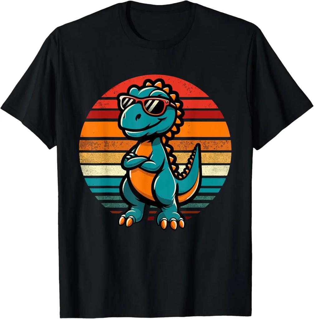 Men's dinosaur and Tyrannosaurus rex pattern printed 100% pure cotton short-sleeved T-shirt, retro and nostalgic Harajuku top