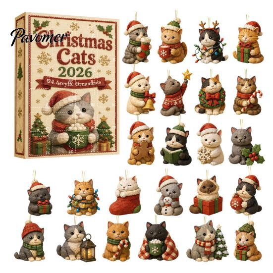 Christmas Wall Decorations Animal Advent Calendar, 24-Days Acrylic 2D Ornament Set with Cute Festive Countdown Box Dog/Cat/Bear Designs, Gift