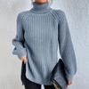 Autumn/Winter Soft Knitwear Fashion Raglan Long Sleeve Turtleneck Split Sweater Casual Warm Solid Mid-length Pullover 29572