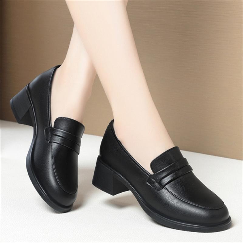 Удобные нескользящие туфли из мягкой кожи с глубоким носком на платформе, весна 2025 г., женские черные туфли на высоком каблуке для офиса и мам