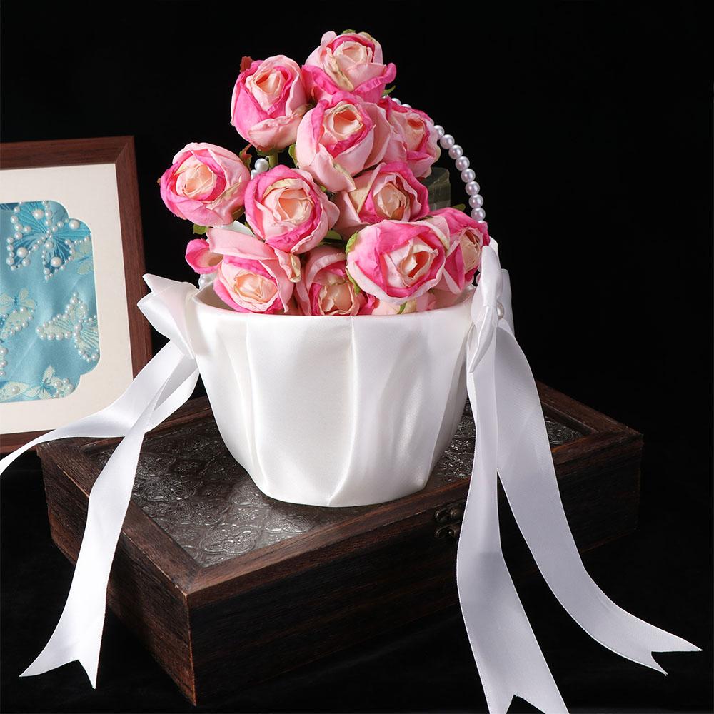 Satin White Pearl Handle Basket Vintage Flower Girl Basket Wedding Flower Basket Ceremony