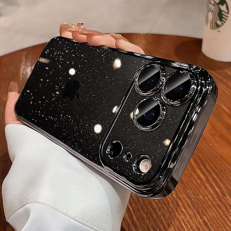 Transparent Glitter Plating Case for For Iphone 16 14 1 17 Pro Max Air 16 Plus 13 12 11 Lens Protector Bling Hard PC Cover