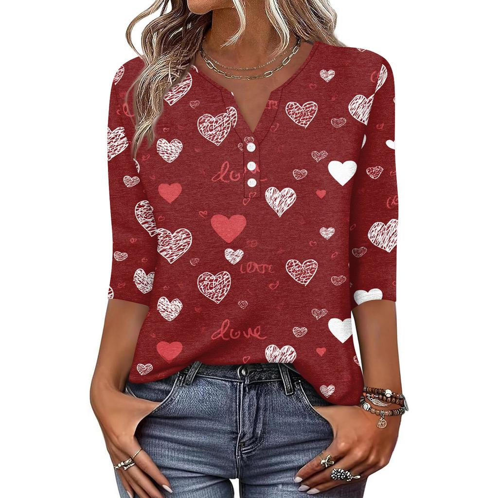 Жен. Футболка С принтом Пуговицы Рукав 3/4 Повседневные Выходные Мода Классический Классический V-образный вырез Обычный Верх