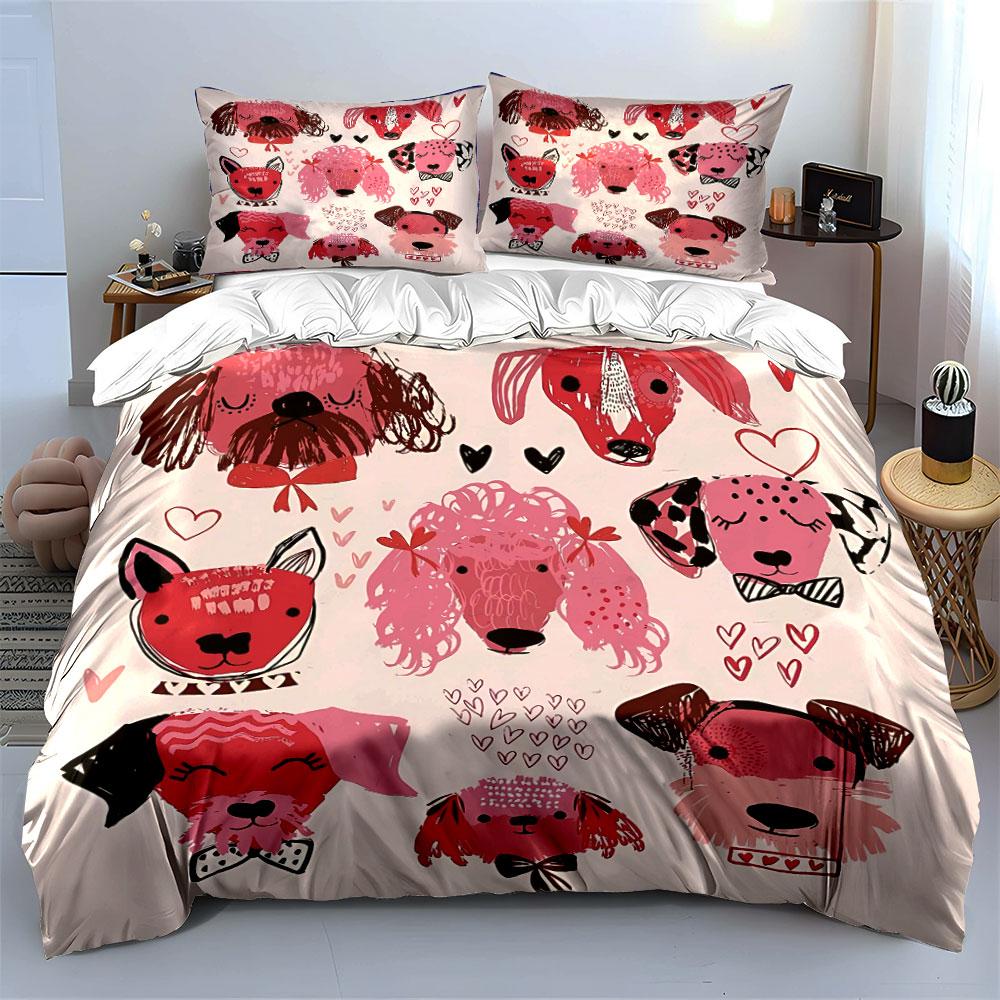 Cute Pink Dog Faces with Hearts Bedding Duvet Cover Set Duvet Cover Pillowcases (1*Duvet Cover 2*Pillowcases, without duvet insert)