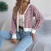 GMXIA Autumn and Winter Color-blocking Striped Lantern Long-sleeved Cardigan Sweater Short Coat Women's Wear