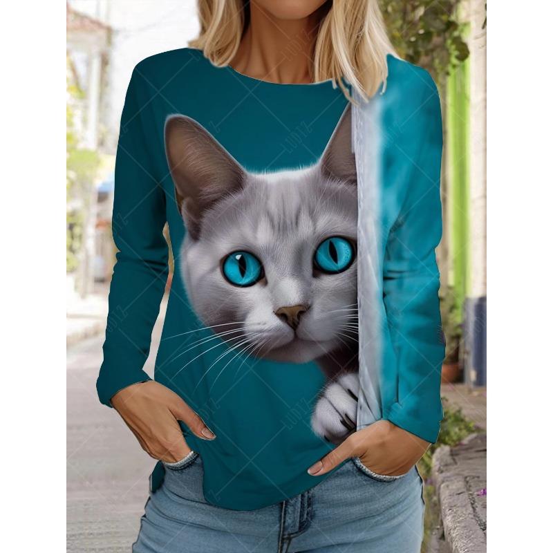 Круглый вырез с принтом 3D Cat Top Модные повседневные длинные рукава женские футболки