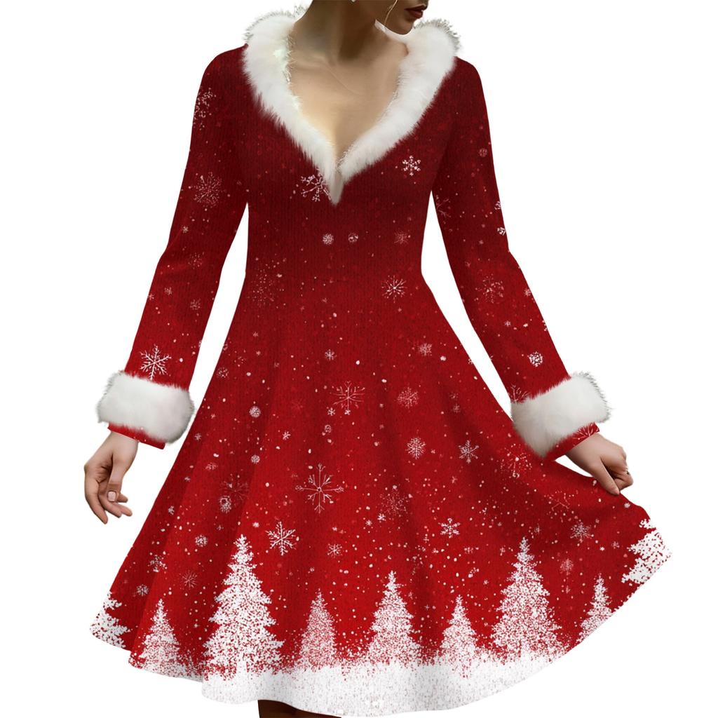 Женское повседневное платье с V-образным вырезом, рождественским принтом, плюшевыми длинными рукавами