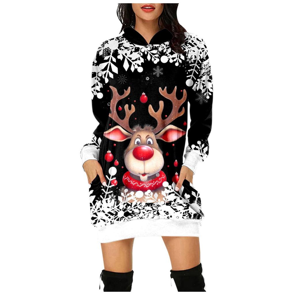 Women's Fashion Loose Casual Pocket Long Sleeve Hoodie Christmas Printed Sweatshirt Top