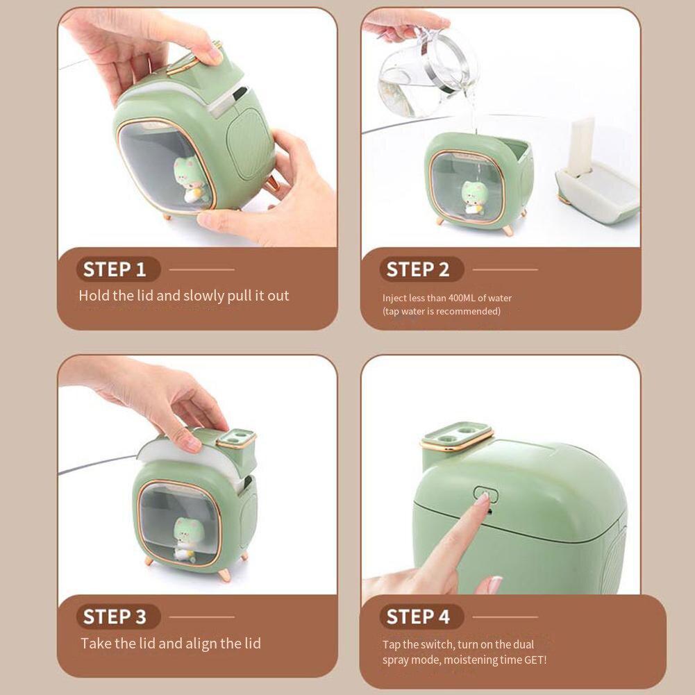 T0# Cute Humidifier USB Rechargeable Double Spray Bedroom Night Light (Pink)