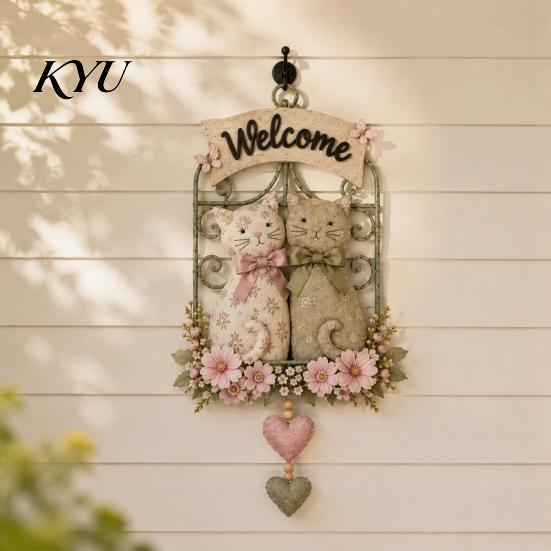 Modern Home Wall Art Floral Cat Couple Welcome Sign, Wooden Hanging Ornament, Pastoral Decorative Ornament for Plaque Living Room Bedroom & Farmhouse