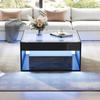 70 x 70 x 35 cm Coffee Table with 2 Drawers, High-Gloss, Openwork Design, Desk and Dining Table, Tempered Glass with LED, Black