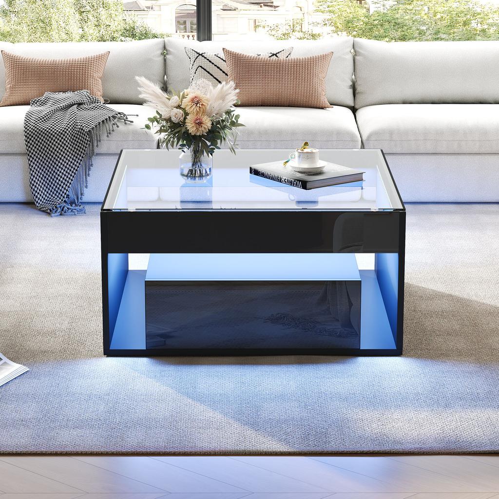 70 x 70 x 35 cm Coffee Table with 2 Drawers, High-Gloss, Openwork Design, Desk and Dining Table, Tempered Glass with LED, Black