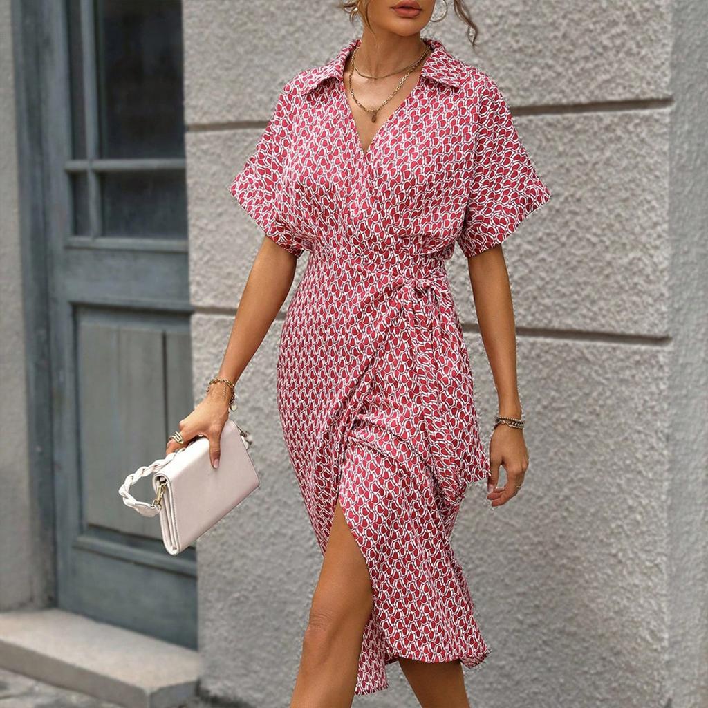 Женское летнее длинное платье с принтом, повседневное и модное, с поясом, V-образным вырезом и короткими рукавами, удобное платье