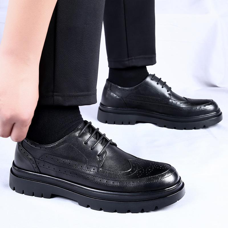 Fashionable Men British Style Thick Soled Casual Leather Shoes Classic Men's Lace Up Business Banquet Comfortable Leather Shoes