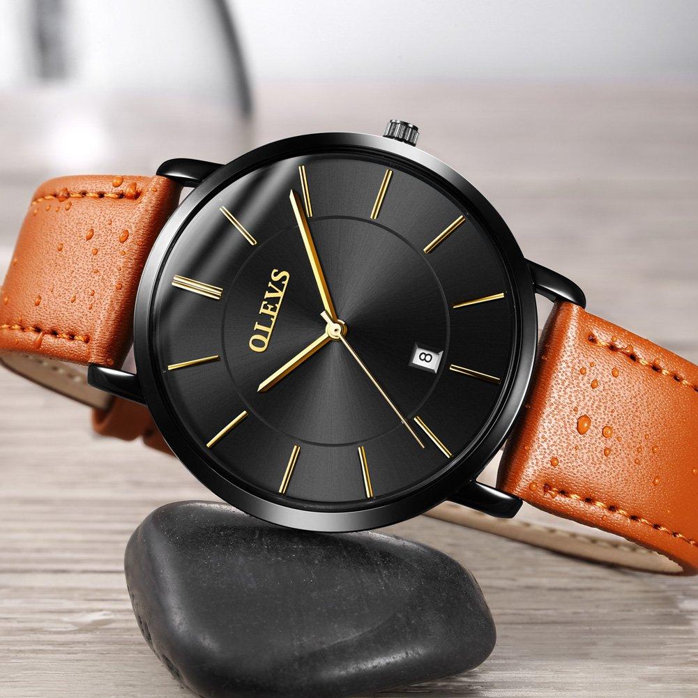 OLEVS Men's Watch, Stylish Ultra-Thin Leather Strap, Quartz Movement, Analog, Date Display, for Men