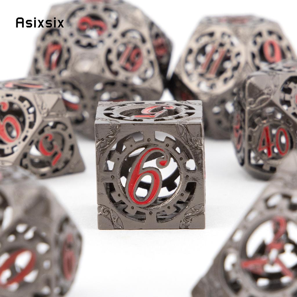 7 Pcs Black Red Gear Wheel Metal Dice Hollow Metal Polyhedral Dice Set Suitable for Role-Playing RPG Board Game Card Game