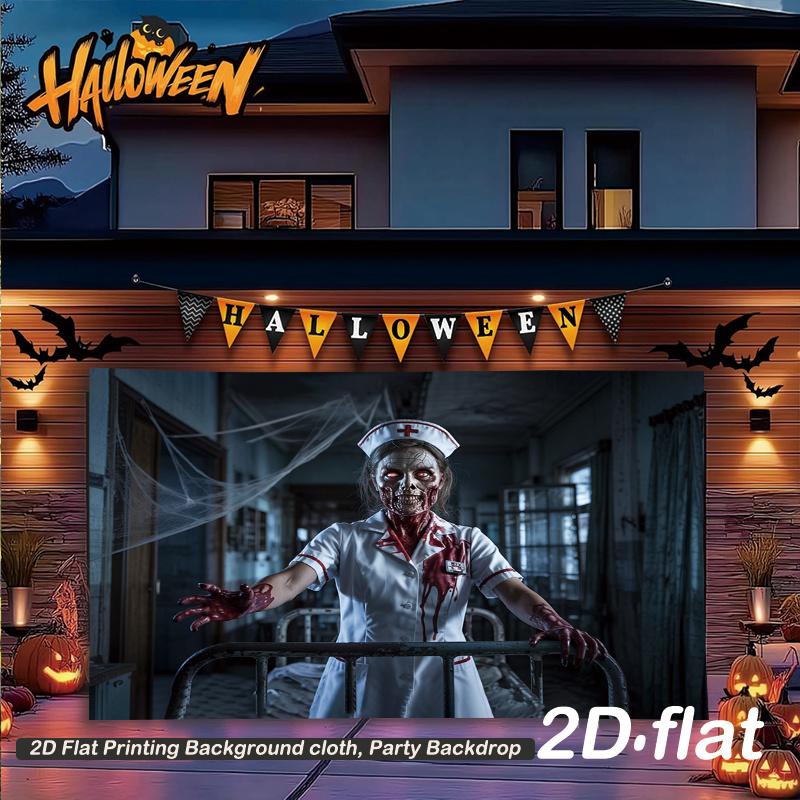 2D plane 1 large 2D banner of a terrifying zombie nurse with blood splatters and spider webs.PMJ