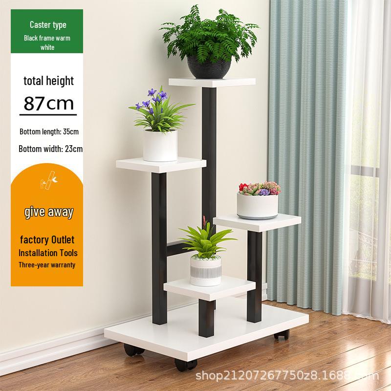 Multi-Layer Wrought Iron Flower Stand with Wheels: Movable Floor-Standing Rack for Living Room or Balcony