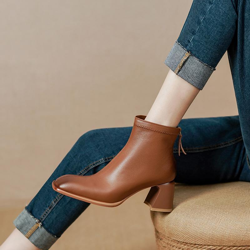 Осенние сапоги женские с круглым носком и толстым каблуком женские сапоги из натуральной кожи женские лаконичные короткие сапоги сапоги на высоком каблуке с застежкой-молнией