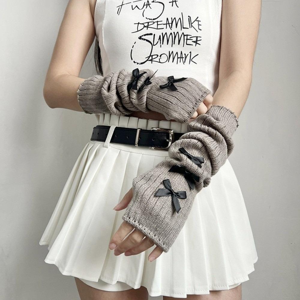 Slouchy Bow Knitted Arm Warmers Long Wrist Cuffs JK Style Sleeve Covers Street