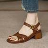 PU Leather Women T-Strap Sandals Summer Ladies Apricot Brown Open Toe Shoes Woman Buckle High Chunky Heel Sandals