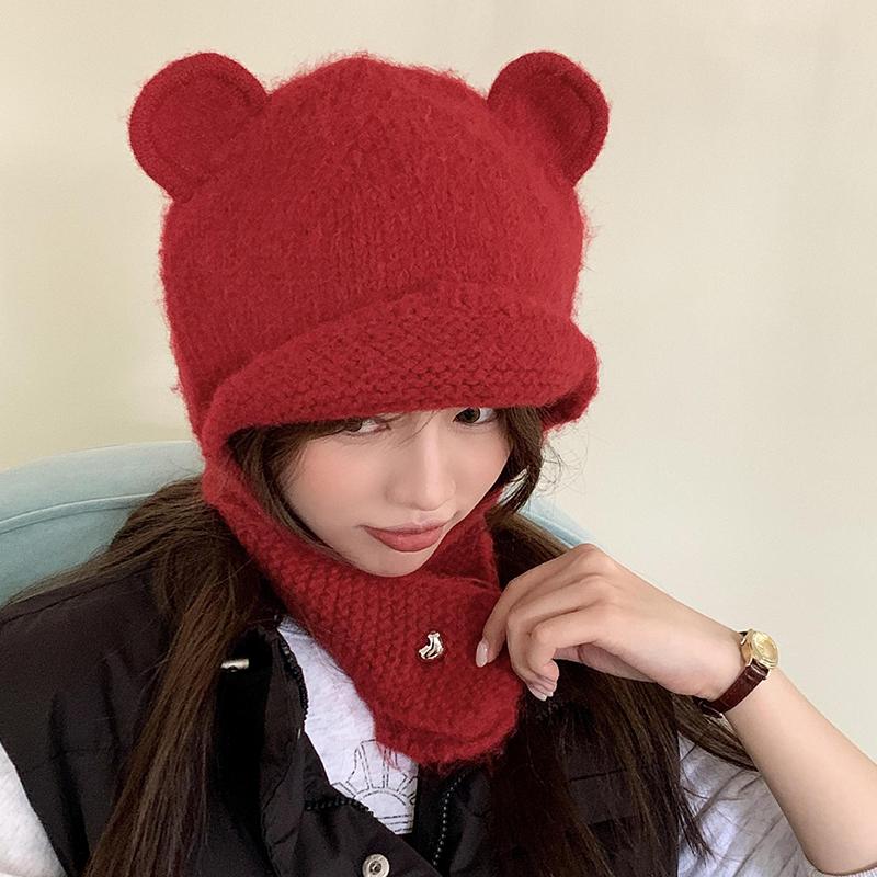 Женская зимняя японская симпатичная вязаная шапка-бомбер с ушками, круглая шапка с медвежьими ушками, защитные шапочки-бини