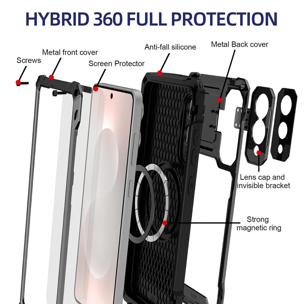 For Samsung Galaxy S25 Edge Case Aluminum Alloy+Silicone Lens Kickstand Phone Cover with Tempered Glass Film