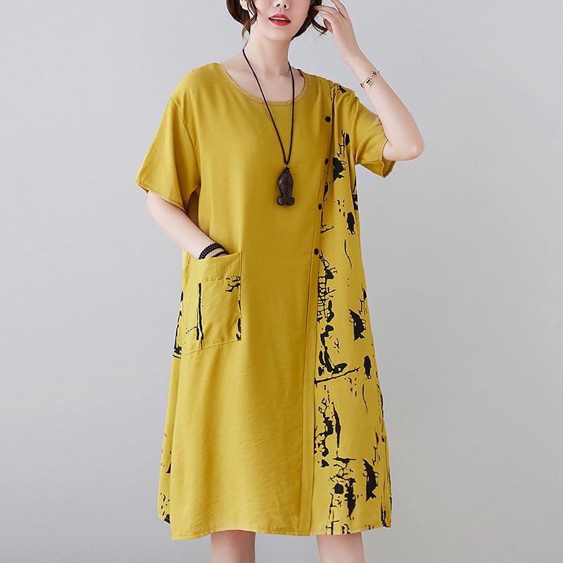 Хлопково-льняное платье. Новая летняя прямая юбка с короткими рукавами и принтом. Свободная темпераментная юбка.