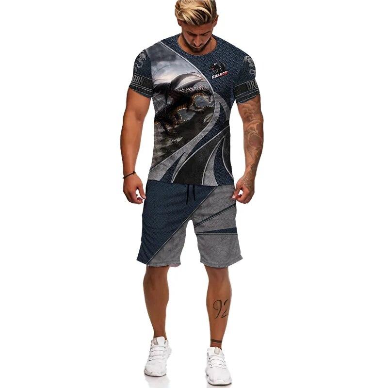 Мужская футболка/костюм с 3D принтом Flying Dragon Totem Art, летний крутой топ с короткими рукавами + шорты, комплект, готический спортивный костюм в стиле хип-хоп