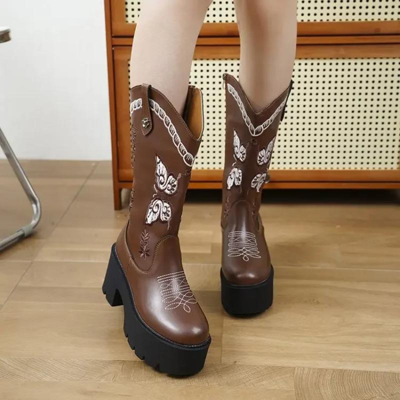 Fashion New Western Embroidered Cuff High Top CowGirl Boots Thick Bottom Waterproof Female Boots Round Toe Mid Heel Pure Color Rubber So