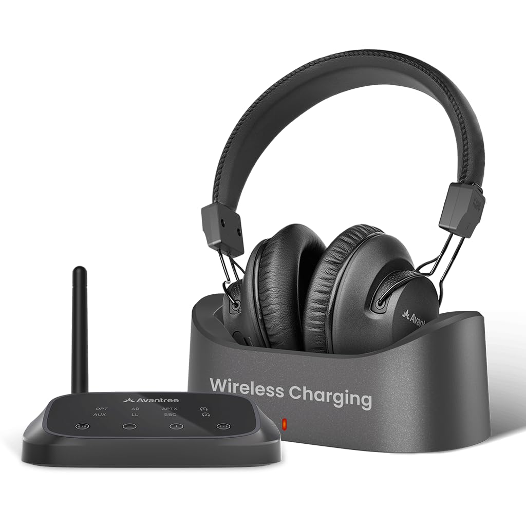 Avantree HT5009 Plus Wireless TV Headphones Bluetooth Transmitter Set with Charging Up to 60 Hours of Clear Sound Enhanced Lightweight aptX Adaptive