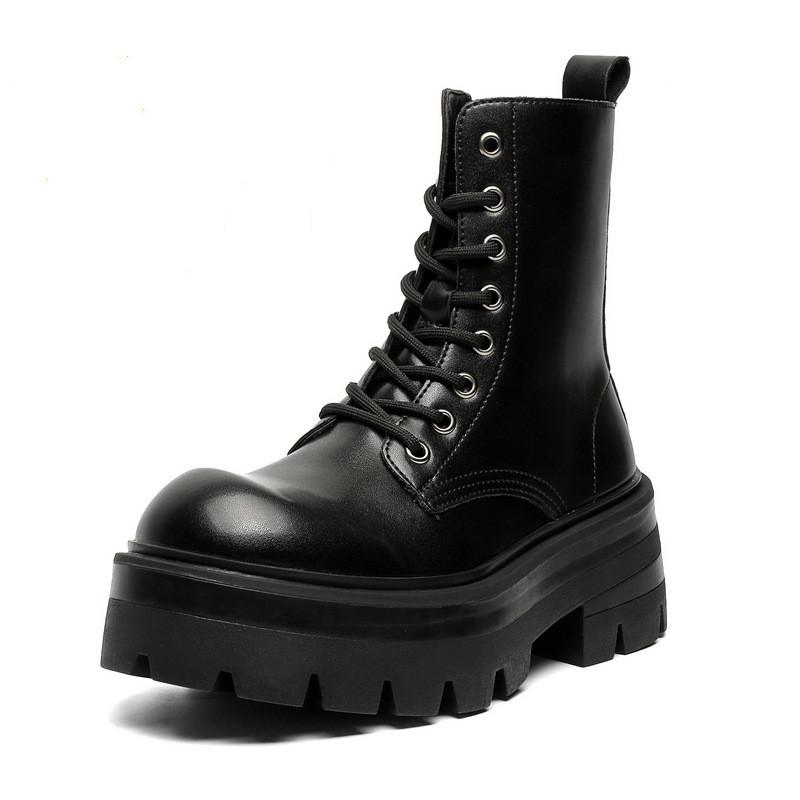 Men Fashion High Motorcycle Boots Lace-up Platform Shoes Punk Rock Dress Genuine Leather Boot Designer Cool Long Botas Masculina
