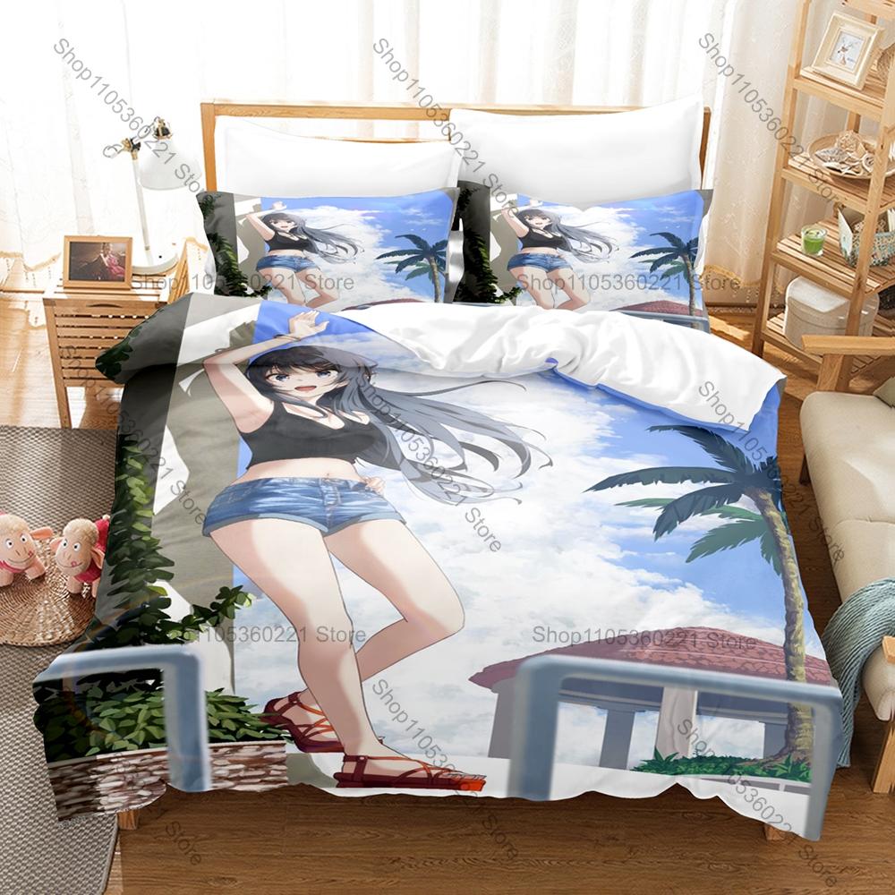 Sakurajima Mai Bedding Set 3Pcs Black Hair Anime Girl Pattern Soft Microfiber For Otaku Fans All Season Bedding