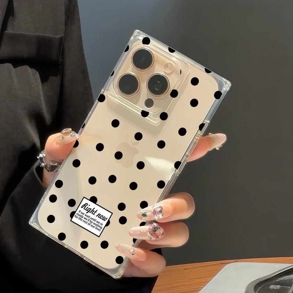 Square Back Tube Protection Clear Case For iPhone 12 16 ProMax 11 15 Plus 14 Pro Max 13 Anti-Oxygen,Black Polka Dots Pattern Casing