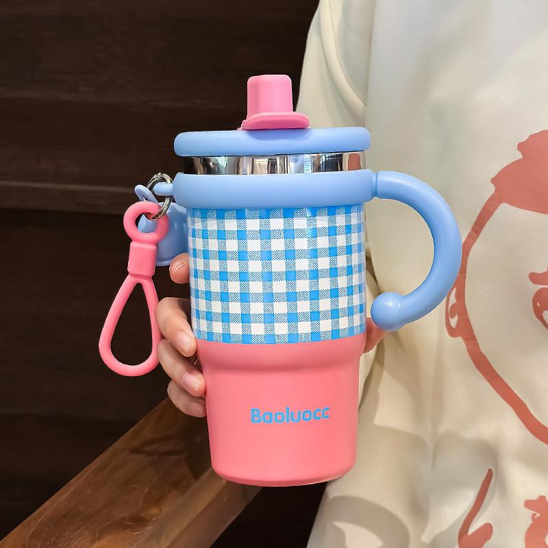 Plaid 600ml Stainless Steel Coffee Cup With Handle And Leakproof Lid For Commuting