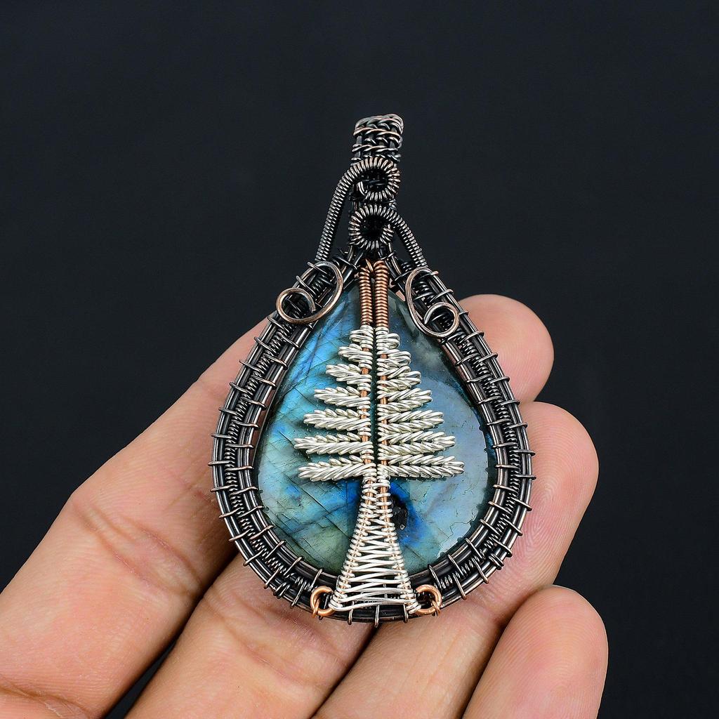 Подвеска Древо Жизни с Лабрадоритом, Подвеска из Натурального Камня Ручной Работы, Обернутая Медной Проволокой 999 пробы, Антикварное Ювелирное Изделие, Для Подарка, Серебряное Ювелирное Изделие